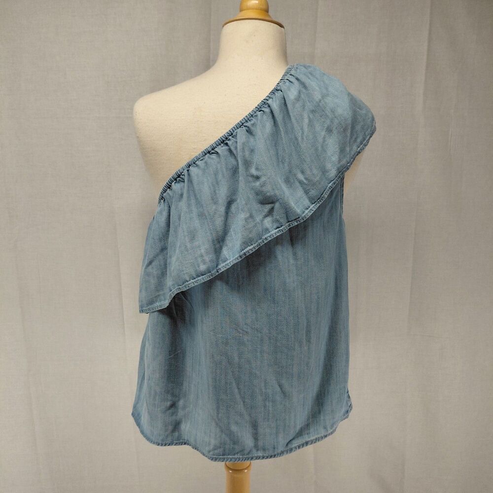 NWT American Eagle One-Shoulder Denim Chambray Top Ruffled Neckline Sz XL - Picture 5 of 8